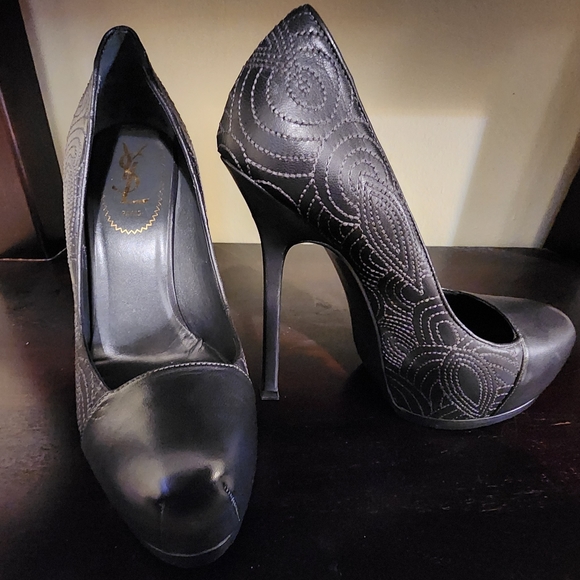 YSL Tribtoo Dark Gray leather Pumps with inlay pattern - Picture 7 of 7